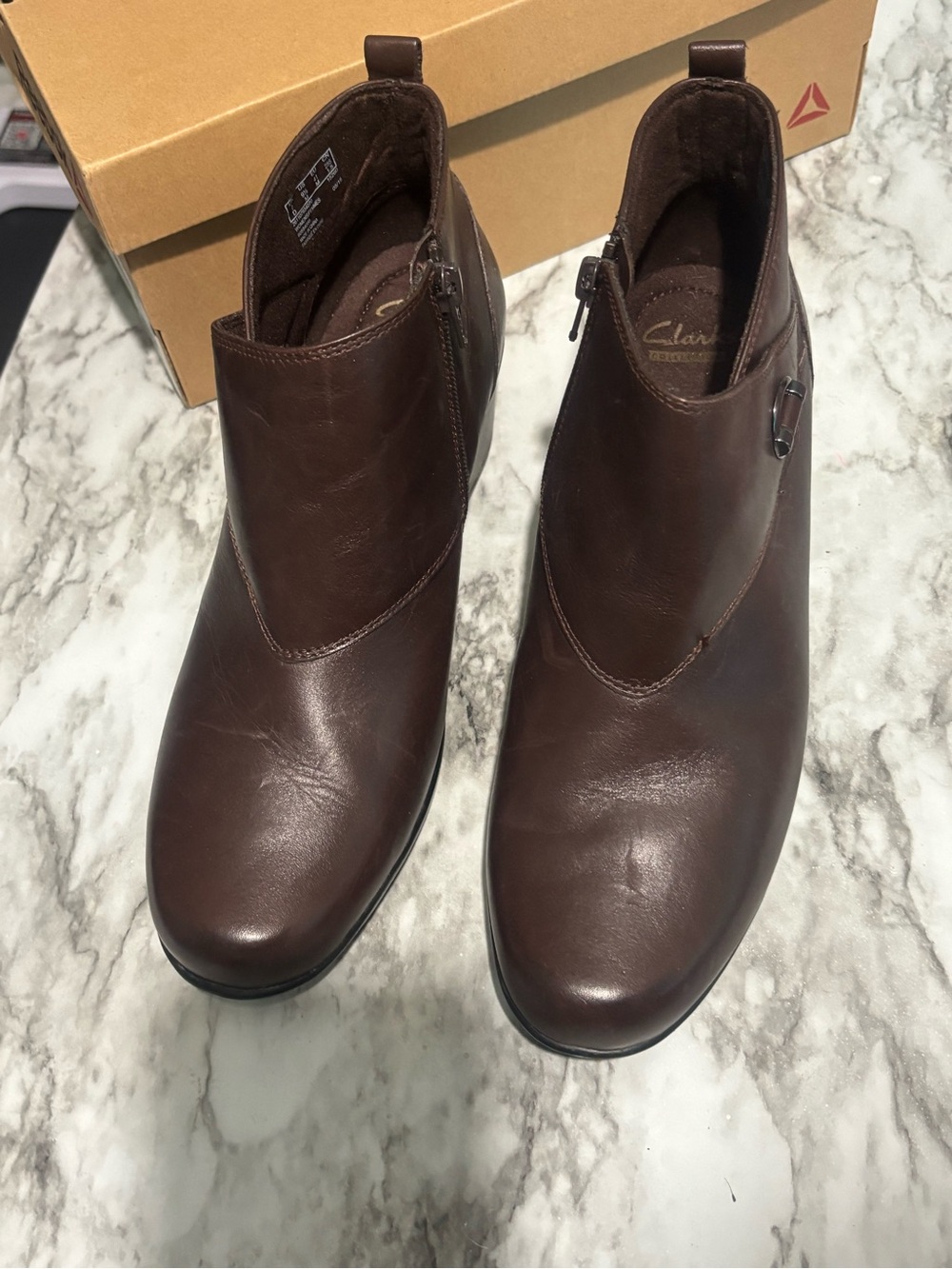 Clarks Brown Leather Side-Zip Ankle Booties Ultimate Comfort